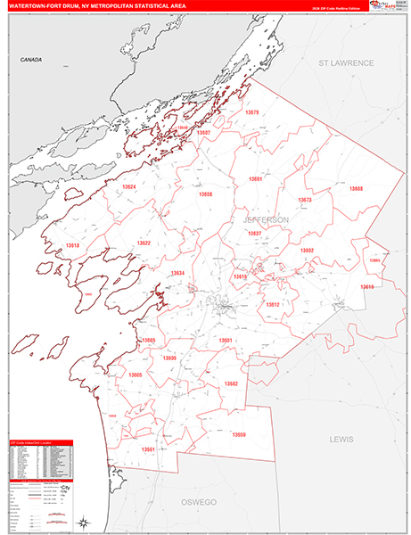 Watertown-Fort Drum Metro Area Wall Map Red Line Style
